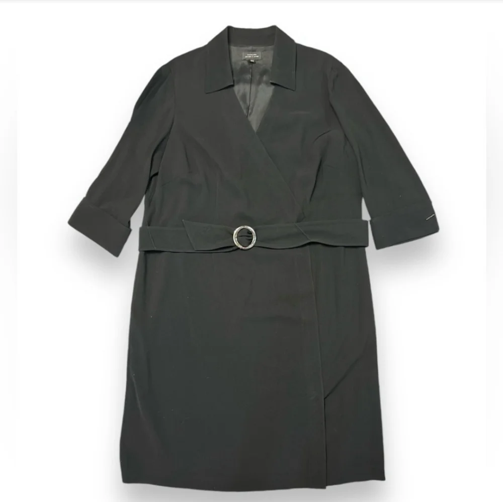 TAHARI ASL Black Collared Faux Wrap Dress with Belt